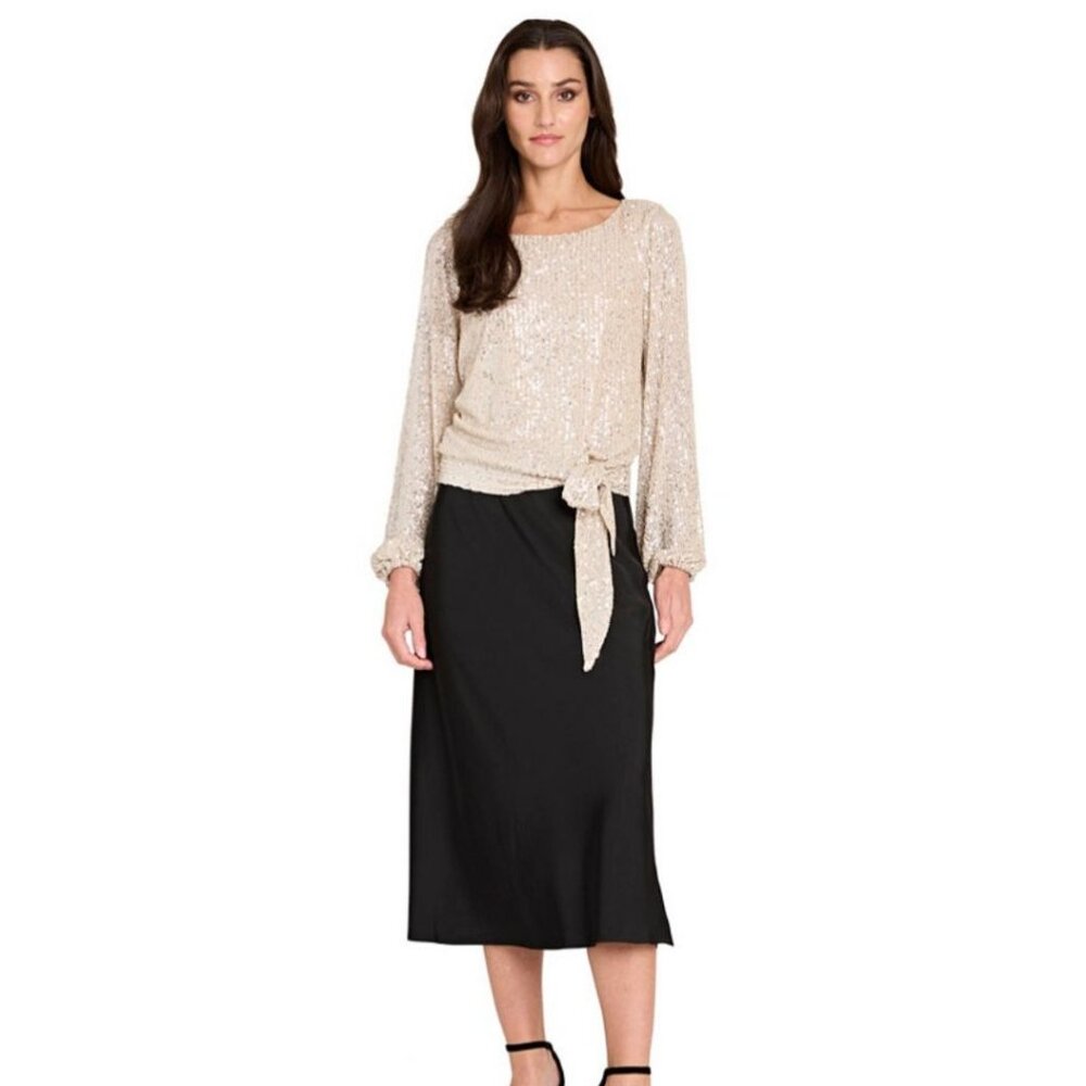 $109 Tahari ASL Sequin Tie-Hem Top Nude Silver Size XS  #M3